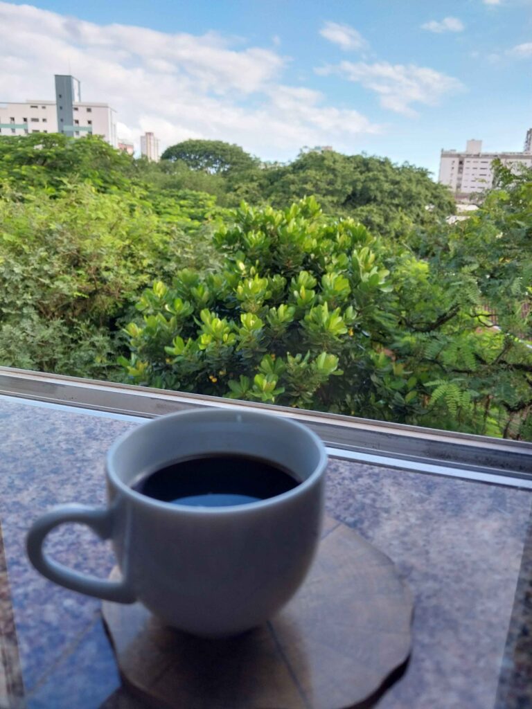 Foto desfocada de uma xícara branca com café em cima de uma mesa de mármore, ao fundo, com mais foco, uma paisagem com várias árvores e alguns prédios.